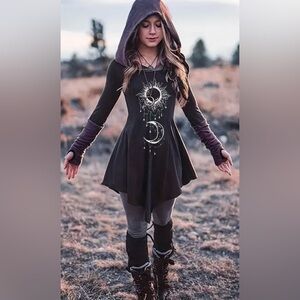 Women’s Gray Hooded Boho Tunic Dress Celestial Goth Renaissance Fairy Medium